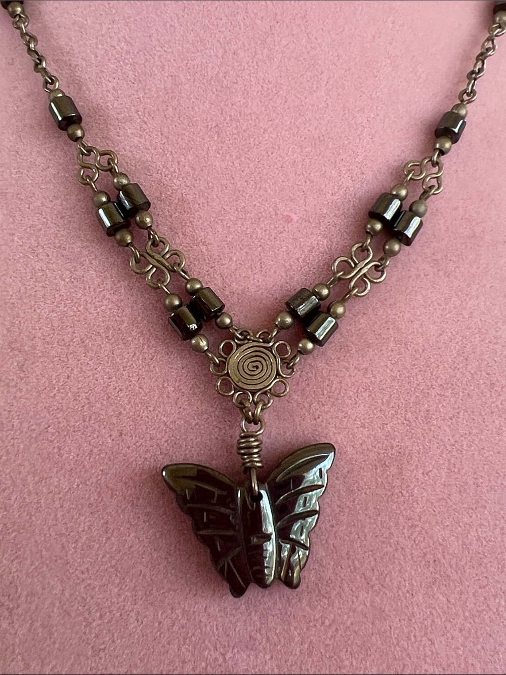 Hematite Butterfly Pendant Necklace with Beaded Chain - Women Jewelry